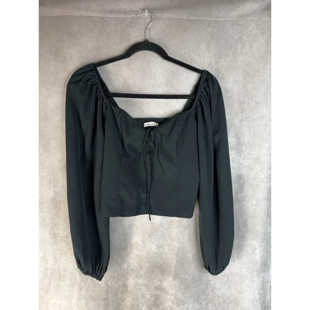 Abercrombie & Fitch Square Neck Smocked Puff Sleeve Blouse In Black Sz S